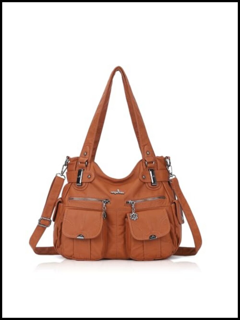 Washed Leather Shoulder Bag Large Double Zipper Multi Pocket Purse
